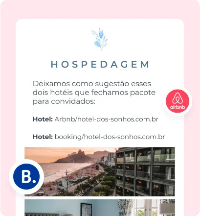 Dicas de Hospedagem para Convidados de Casamento Uma imagem do site sugerindo uma sessão da página sobre hospedagem com logos do Booking e Airbnb
