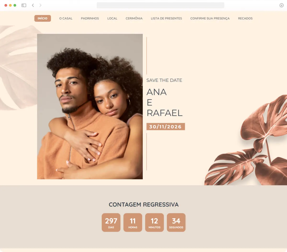 Tema de Site de Casamento Folhas do Amor - Boho Chic Tema Folhas do Amor