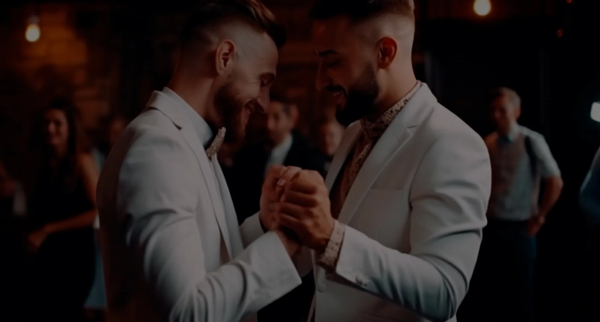 Tudo no lugar certo para você viver só o que importa. Casal de dois homens sorrindo, vestidos de branco, dançando em uma festa de casamento, cercados por convidados